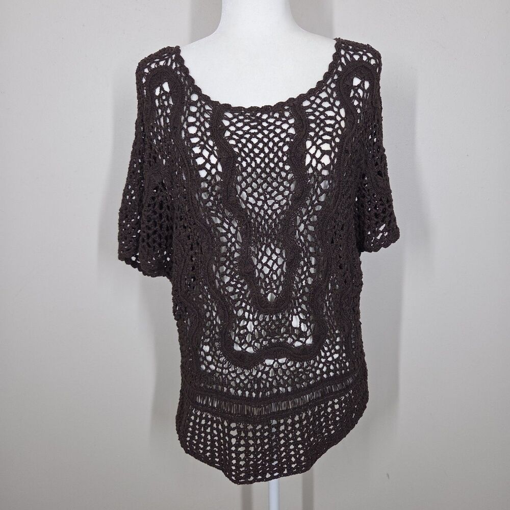 Coldwater Creek Brown Crochet Open Knit Top Dolman S Boho Festival Hippie Forest